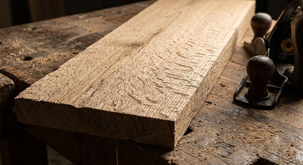 A close-up photograph of a rough-cut quarter-sawn oak board resting on a weathered wooden workbench. Next to it sits a vintage hand plane. The wood's surface clearly shows the distinct, physical texture of its medullary rays.