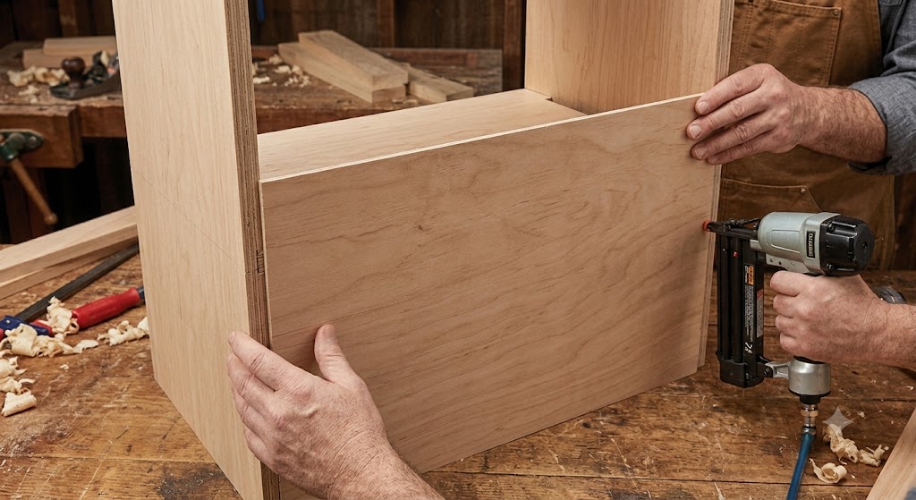 A woodworker attaching a 1/4-inch plywood back panel to a custom cabinet frame using a pneumatic brad nailer.