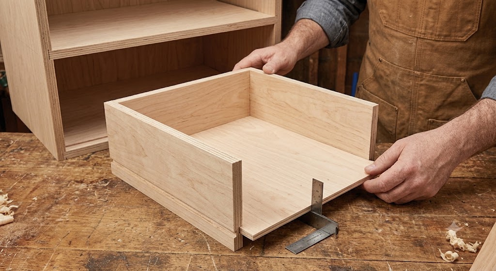 A woodworker assembling a custom cabinet drawer box, using 3/8-inch plywood for the drawer sides and sliding in a 1/4-inch plywood bottom panel.