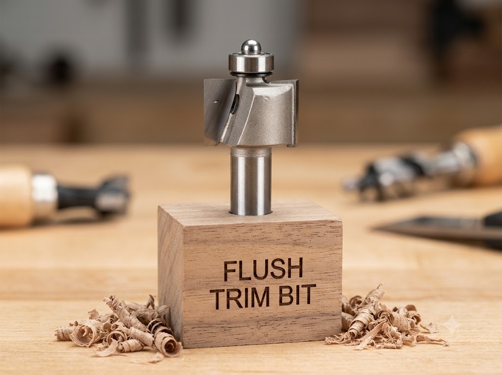 A close-up, sharp product photograph of a precision carbide-tipped flush trim router bit with a ball bearing pilot. The bit is mounted in a wooden block with a laser-etched label that reads "FLUSH TRIM BIT". Fine, detailed wood shavings are scattered at the base, and all web browser and Pinterest UI elements have been removed.