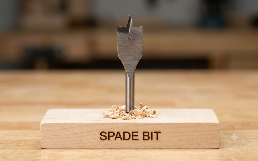 A detailed, high-resolution close-up photograph of a specific spade (paddle) drill bit. The bit, identical to the one in the source diagram, is isolated on a clean, light-colored wooden block that has the single, clear text label 'SPADE BIT' branded onto it. All extraneous UI elements, including Pinterest buttons, other drill bit diagrams, and search icons, are removed. The wide, flat paddle shape with its sharp central pilot point is the central focus. The metal has a subtle industrial sheen, and a small pile of fresh wood shavings rests at the bit's base. The depth of field is shallow, focusing on the bit itself. The setting is a clean, natural workshop bench. The lighting is focused and clean, like studio product lighting. The final image is a standalone photograph.