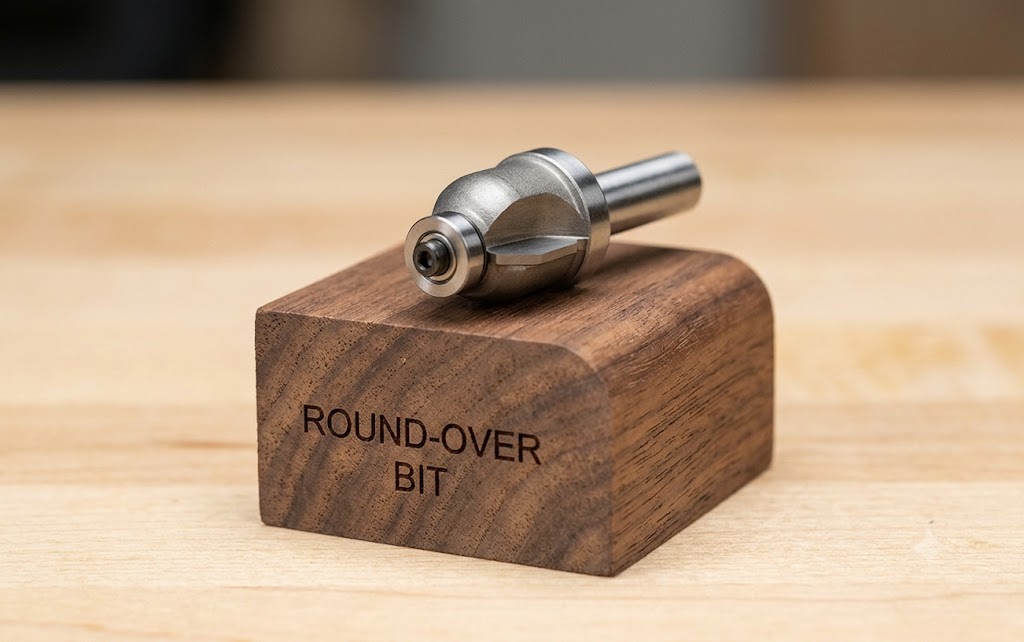 A detailed, close-up product photograph of a ball-bearing-piloted round-over router bit, isolated on its own labelled walnut block against a clean workshop background.