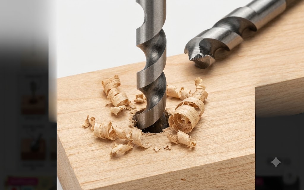 : A focused, close-up product photograph of a helical, screw-tipped auger drill bit actively cutting into a clean block of light-colored wood. It highlights the bit's design and features several large, coiled wood shavings gathered around the boring hole, as depicted in the original Den diagram. All extraneous browser UI elements are removed.