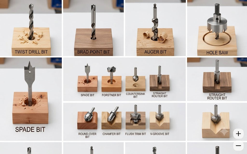 A visual grid displaying 12 different types of woodworking drill and router bits, each mounted in a labeled wooden block.