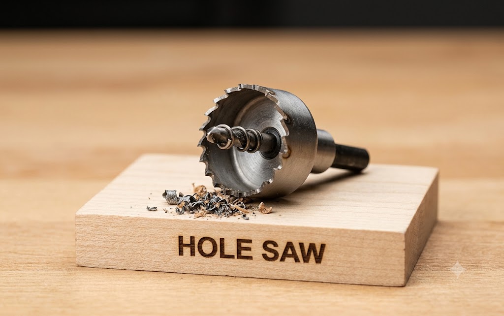 A high-resolution, isolated product photograph of a specific hole saw drill bit. The large, circular saw-toothed bit, identical to the one in the source diagram, is mounted on a small, light-colored wooden block with the clear, branded text 'HOLE SAW'. All extraneous UI elements have been removed, presenting only the bit and its label. A few small metal shavings are at the base of the saw. The depth of field is shallow, focusing on the bit itself.