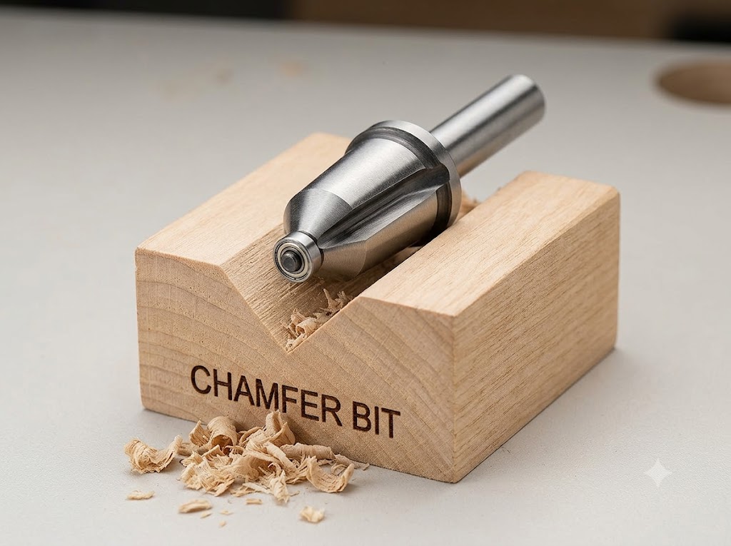 A high-resolution, focused product photograph of a conical chamfer router bit with carbide cutting edges and a guide bearing, shown mounted in a labeled wooden block, with fresh wood shavings indicating a recent beveled cut.
