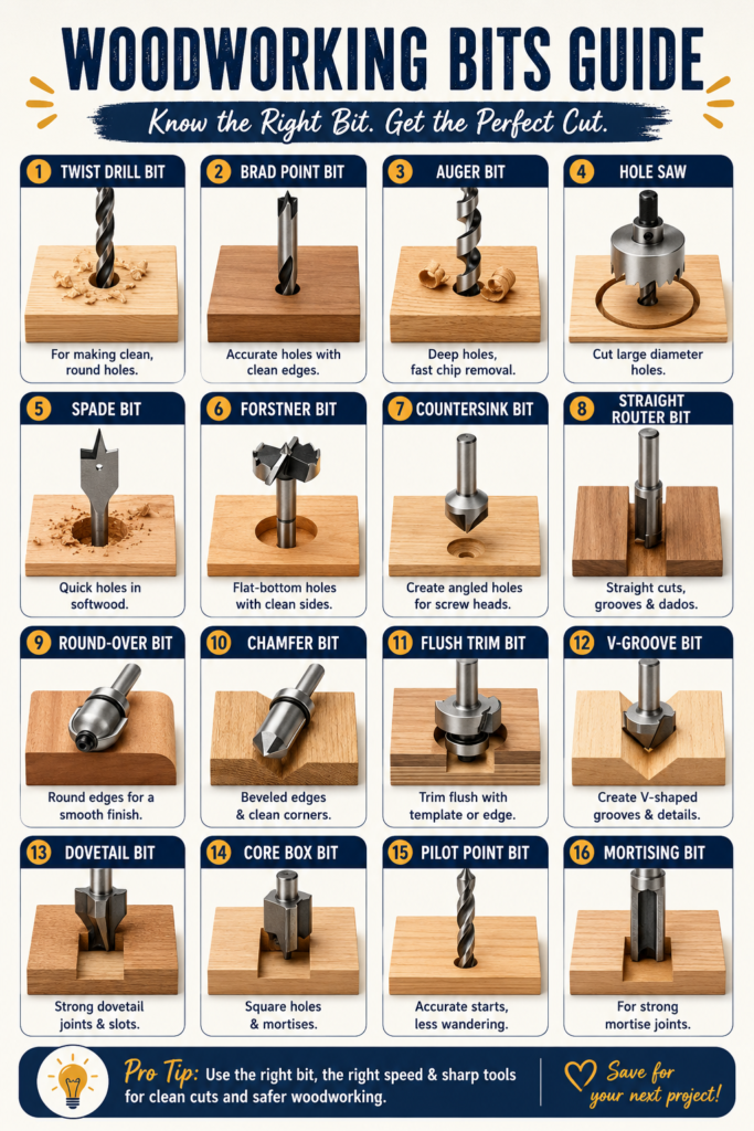 An infographic titled "Woodworking Bits Guide" displaying 12 types of drill and router bits alongside examples of the cuts they make in wood. Featured bits include twist drill, brad point, auger, hole saw, spade, Forstner, countersink, straight router, round-over, chamfer, flush trim, and V-groove bits.