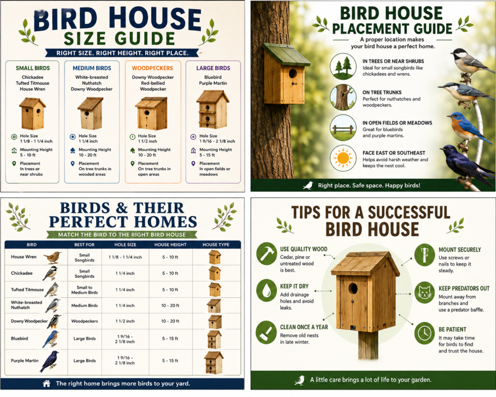 A detailed infographic illustrating birdhouse size guidelines, placement recommendations, specific bird requirements, and maintenance tips for a successful birdhouse.