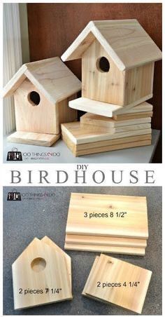 A composite image showing several assembled wooden birdhouses on top and the individual cut wood pieces with dimensions laid out on the bottom for a DIY project.
