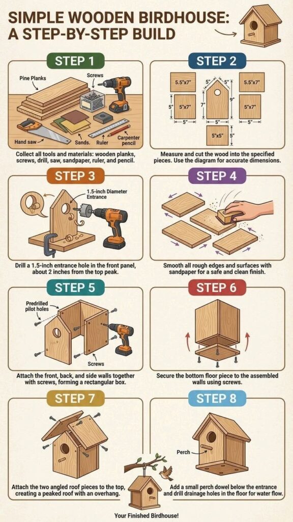 An illustrated 4-step guide on building a simple wooden birdhouse, detailing material collection, wood cutting measurements, drilling a 1.5-inch hole, and sanding.