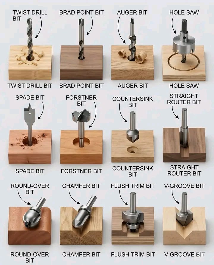 A visual guide displaying 12 common woodworking drill and router bits, including Forstner, brad point, and flush trim profiles, each mounted in wood