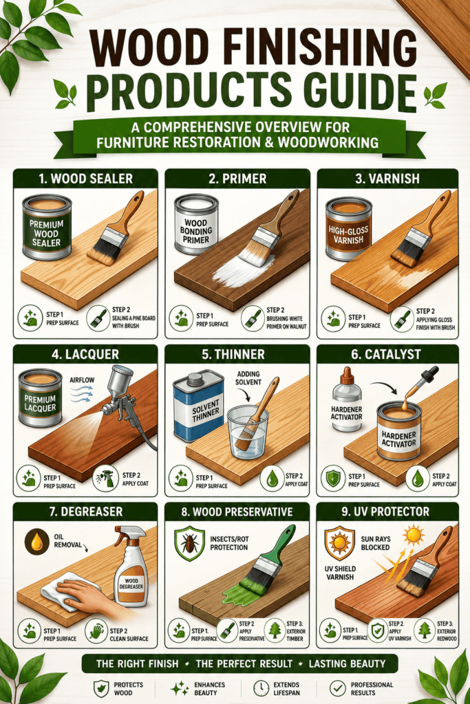 Infographic titled "Wood Finishing Products Guide" illustrating nine essential products for furniture restoration and woodworking, including wood sealer, primer, varnish, lacquer, thinner, catalyst, degreaser, wood preservative, and UV protector.
