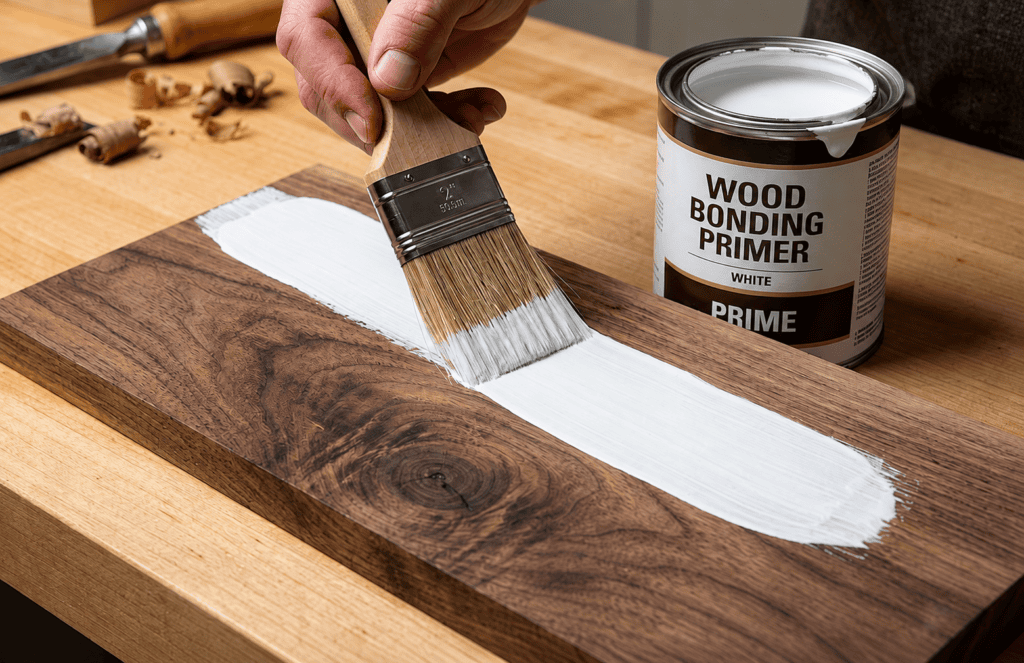 Person with a silver ring applies a distinct, pigmented primer coat to a multi-species wood board.