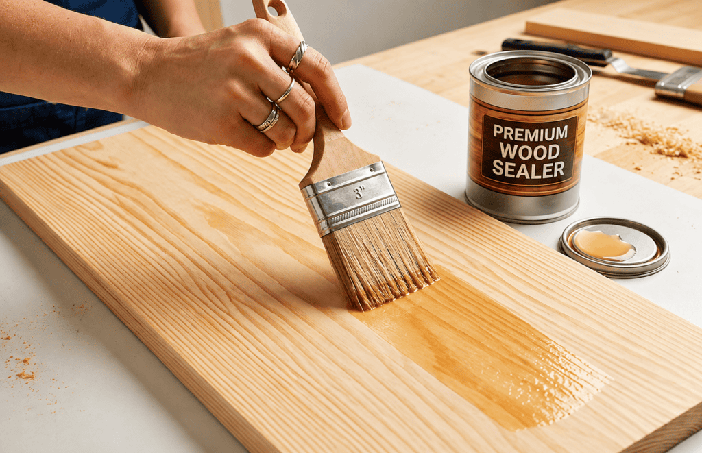 Clear wood sealer liquid being applied with a brush to raw, open-pore wood grain on a workshop bench.