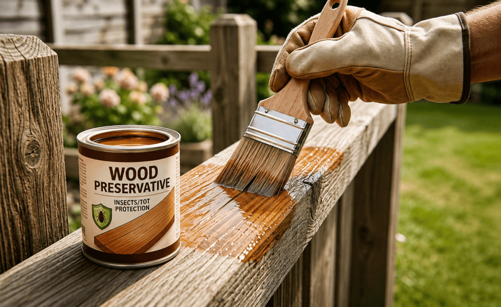Brushing an insect-resistant and rot-resistant wood preservative finish onto external, rough-sawn lumber for garden projects. Container labeled "PRESERVATIVE".