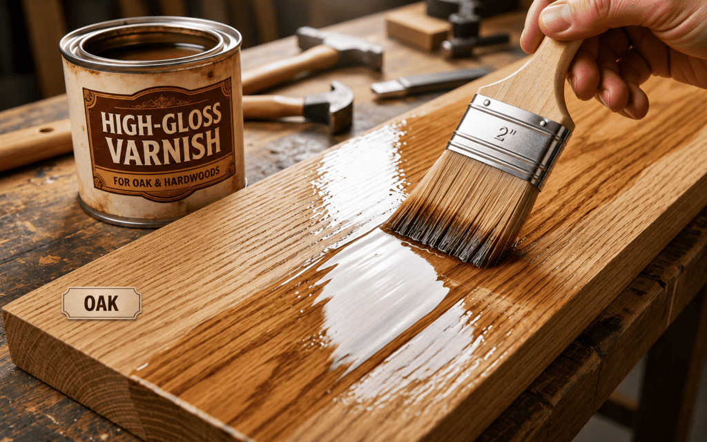 Brushing a high-gloss, amber varnish finish onto a polished wood surface, creating a crystal-clear protective shell.