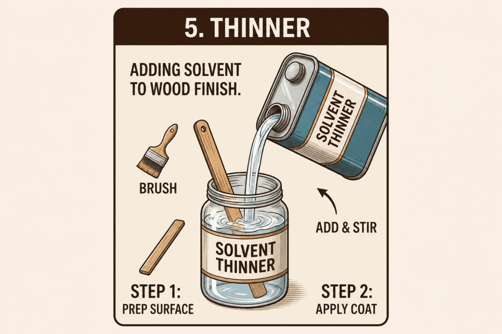 Clear solvent thinner liquid being carefully poured from a metallic can labeled "SOLVENT THINNER" into a glass jar. A natural bristle brush and a stirring stick are to the side.