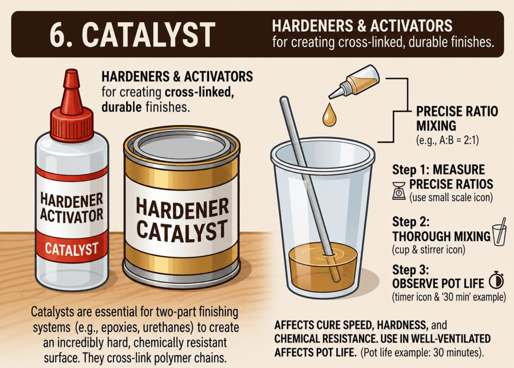 •	A detailed, illustrative infographic panel derived from a larger guide, focusing on "6. CATALYST." It features illustrative products for cross-linked finishes on the left (squeeze bottle and metal can labeled "HARDENER") and a detailed "Precise Ratio Mixing" diagram and process steps on the right. Sub-text explains catalysts affect cure speed, hardness, chemical resistance, and pot life.
