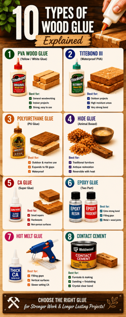 A detailed woodworking infographic chart explaining 10 different types of wood glue, including PVA, Polyurethane, Hide Glue, and Epoxy, with best uses and strength ratings.