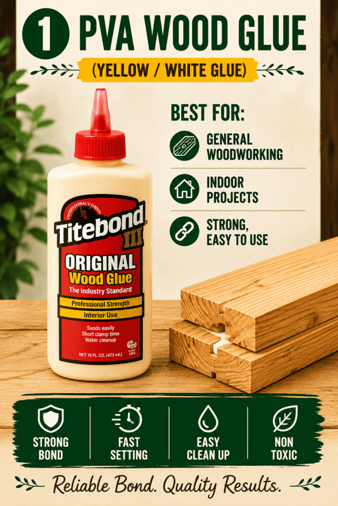 An infographic explaining standard PVA yellow and white wood glue, featuring a bottle of Titebond Original and listing its best uses for general woodworking and indoor projects.