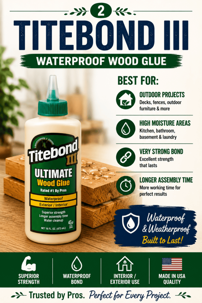 An infographic explaining Titebond III waterproof wood glue, featuring a bottle of Titebond Ultimate and listing its best uses for outdoor furniture and high-moisture woodworking projects.