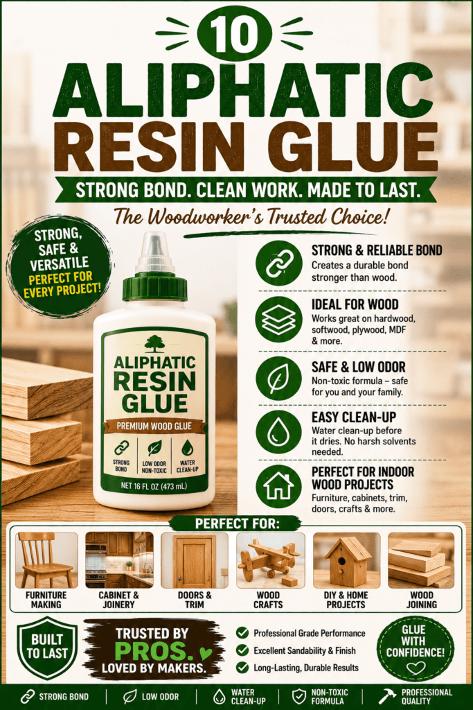 An infographic explaining aliphatic resin wood glue, featuring a bottle of resin glue and listing its best uses for fine furniture making, extensive sanding, and clear bond lines.