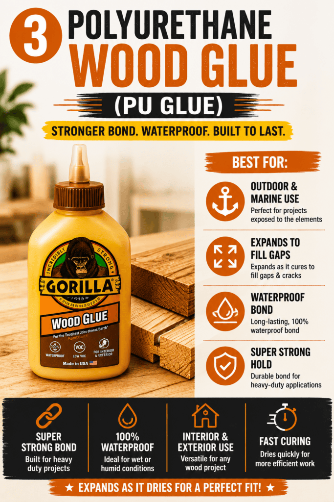 An infographic explaining polyurethane PU wood glue, featuring a bottle of Gorilla Wood Glue and listing its best uses for outdoor woodworking projects, marine use, and filling gaps.