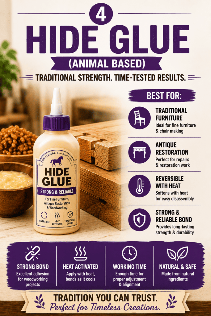 An infographic explaining animal-based hide glue, listing its best uses for traditional furniture, antique restoration, and musical instruments.