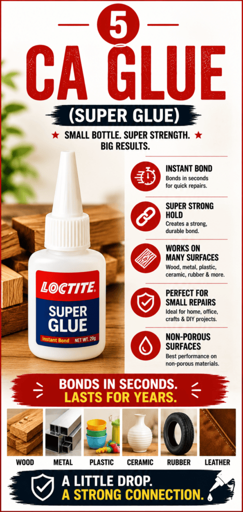 An infographic explaining standard CA super glue, featuring a bottle of Loctite Super Glue and listing its best uses for small repairs and instant bonding in woodworking.