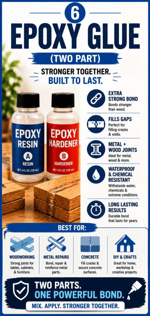 An infographic explaining two-part epoxy glue, featuring bottles of resin and hardener, and listing its best uses for extra strong bonds, gap filling, and metal-to-wood joints.