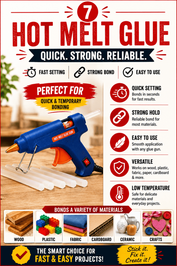 An infographic explaining hot melt glue, featuring a blue hot glue gun and listing its best uses for quick temporary holds, craft projects, and fast-setting applications in woodworking.