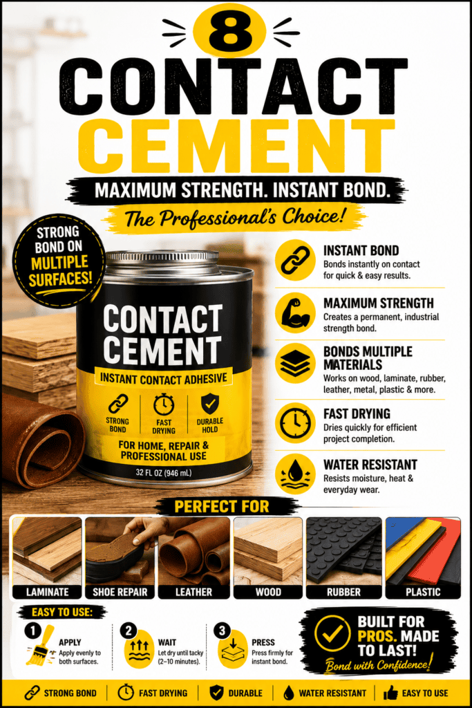 An infographic explaining contact cement, featuring a yellow bottle and listing its best uses for applying veneers, laminates, and large surface bonding in woodworking.