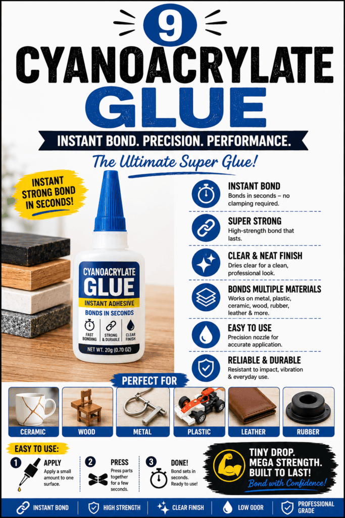 An infographic explaining thick cyanoacrylate CA wood glue, featuring a blue bottle and listing its best uses for vertical surfaces, filling small gaps, and controlled application in woodworking.