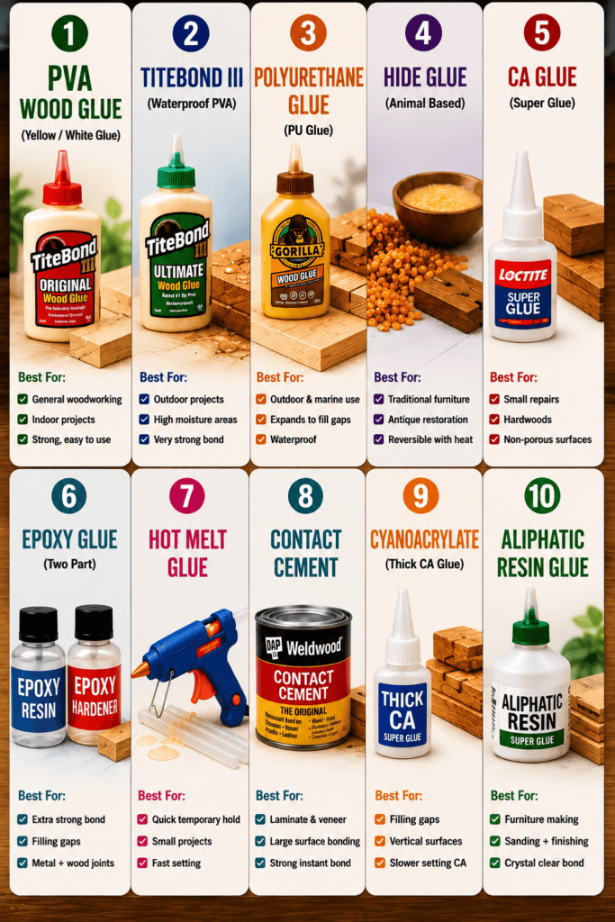 An infographic chart explaining 10 types of wood glue, including PVA, Titebond III, Polyurethane, and Epoxy, with strength comparisons and a quick usage guide for woodworking projects.