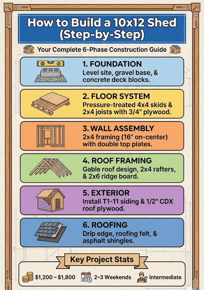 Vertical infographic illustrating the 6 steps to build a 10x12 shed: 1. Foundation, 2. Floor System, 3. Wall Framing, 4. Roof Framing, 5. Siding, 6. Roofing. Includes estimated material cost of $1,200-$1,800 and build time of 2-3 weekends. Source: 10x12shedplans.com.